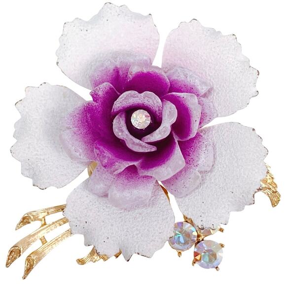 Vintage Mid Century Purple Lucite Enamel Orchid Flower Brooch AB Rhinestones - Picture 1 of 11